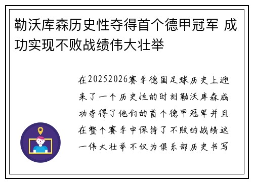 勒沃库森历史性夺得首个德甲冠军 成功实现不败战绩伟大壮举
