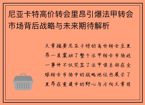 尼亚卡特高价转会里昂引爆法甲转会市场背后战略与未来期待解析